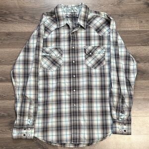 Cinch Men's Tan and Blue Plaid Button Down Shirt